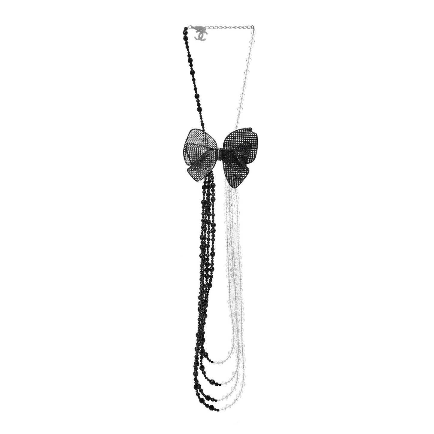Crystal Beaded CC Bow Multi Strand Necklace Black Transparent