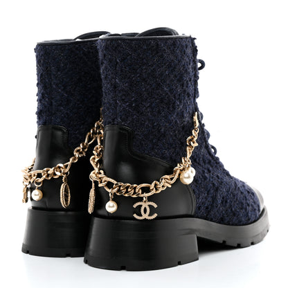 Chanel Wool Tweed Calfskin Chain Lace Up Combat Boots 39.5 Navy Blue Black 4 of 9