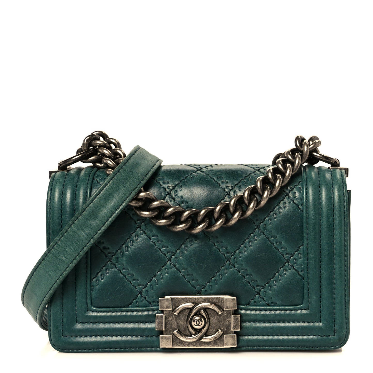 Calfskin Double Stitch Small Boy Flap Green