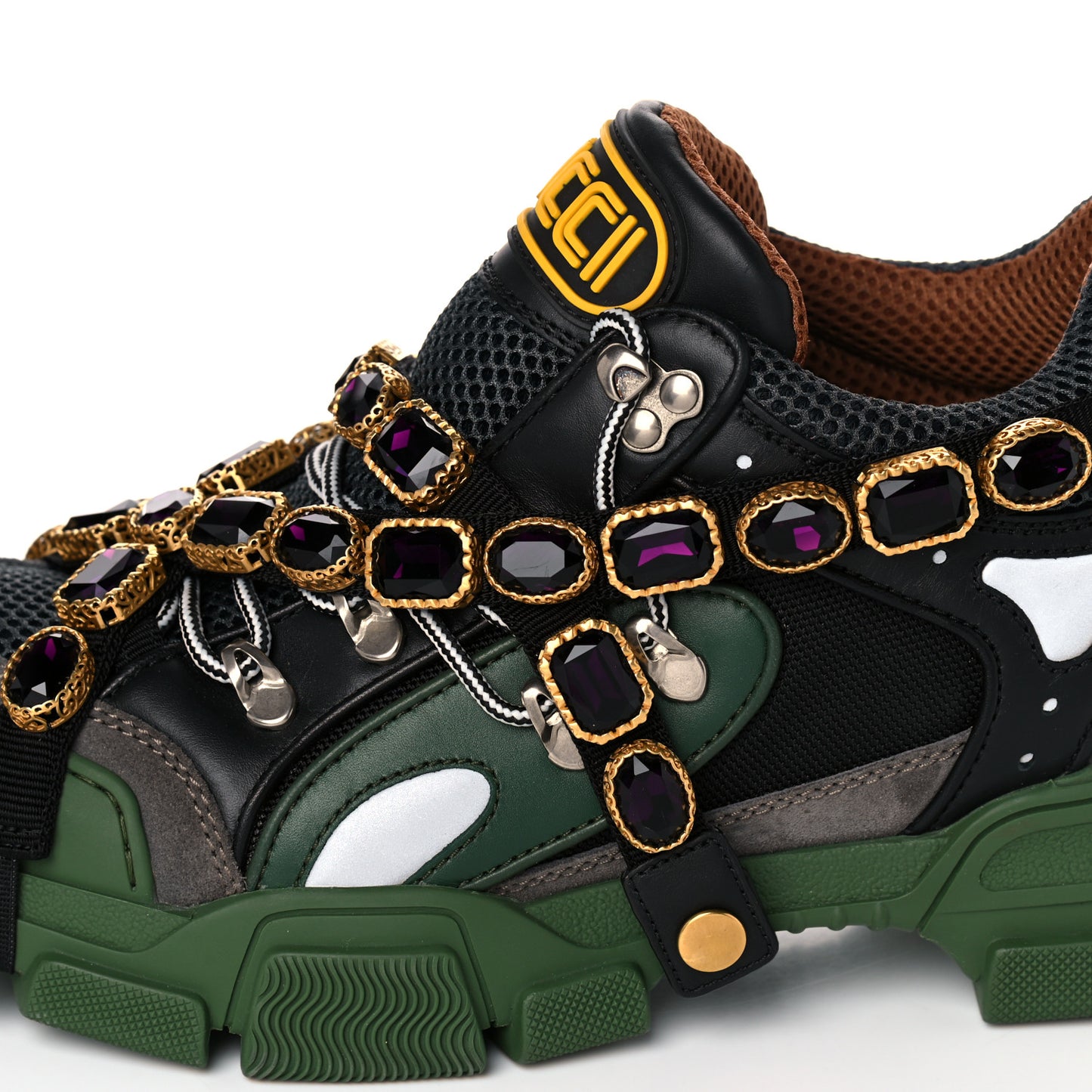 X SEGA Mesh Suede Calfskin Removable Crystals Mens Flashtrek Sneakers 8.5 Loess Black Olive Green