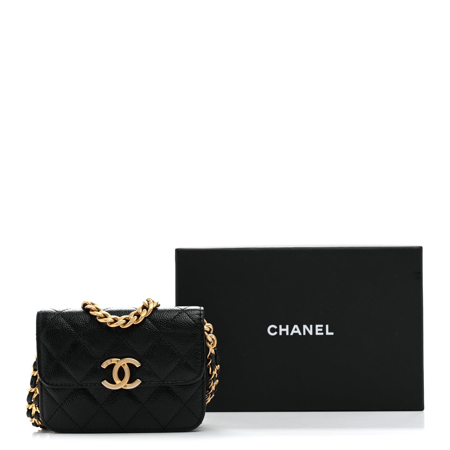 Shiny Caviar Quilted Chain Melody Card Holder On Chain Black