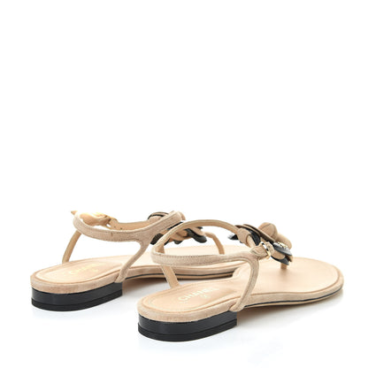 Chanel Suede Patent Calfskin Camellia Thong Sandals 37.5 Beige Black 4 of 11