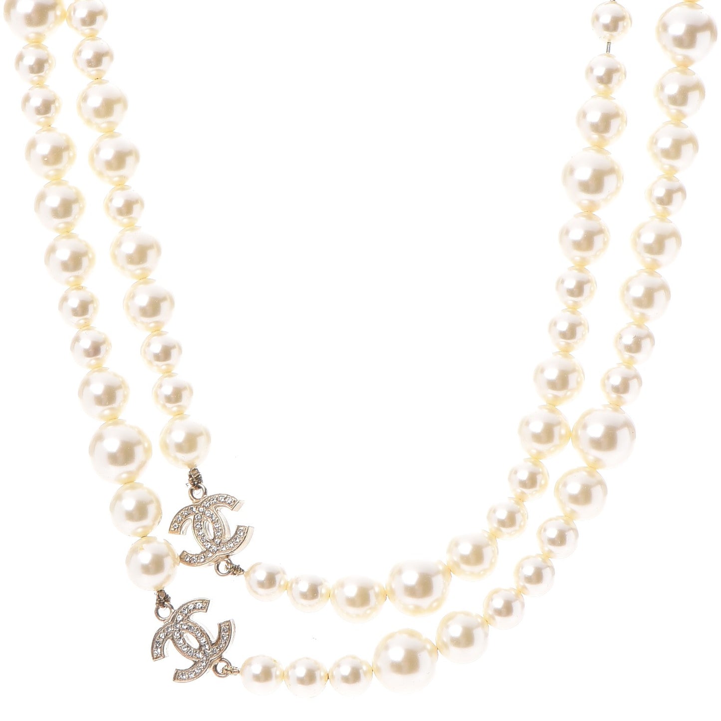 Graduated Pearl Crystal CC Long Necklace Light Gold