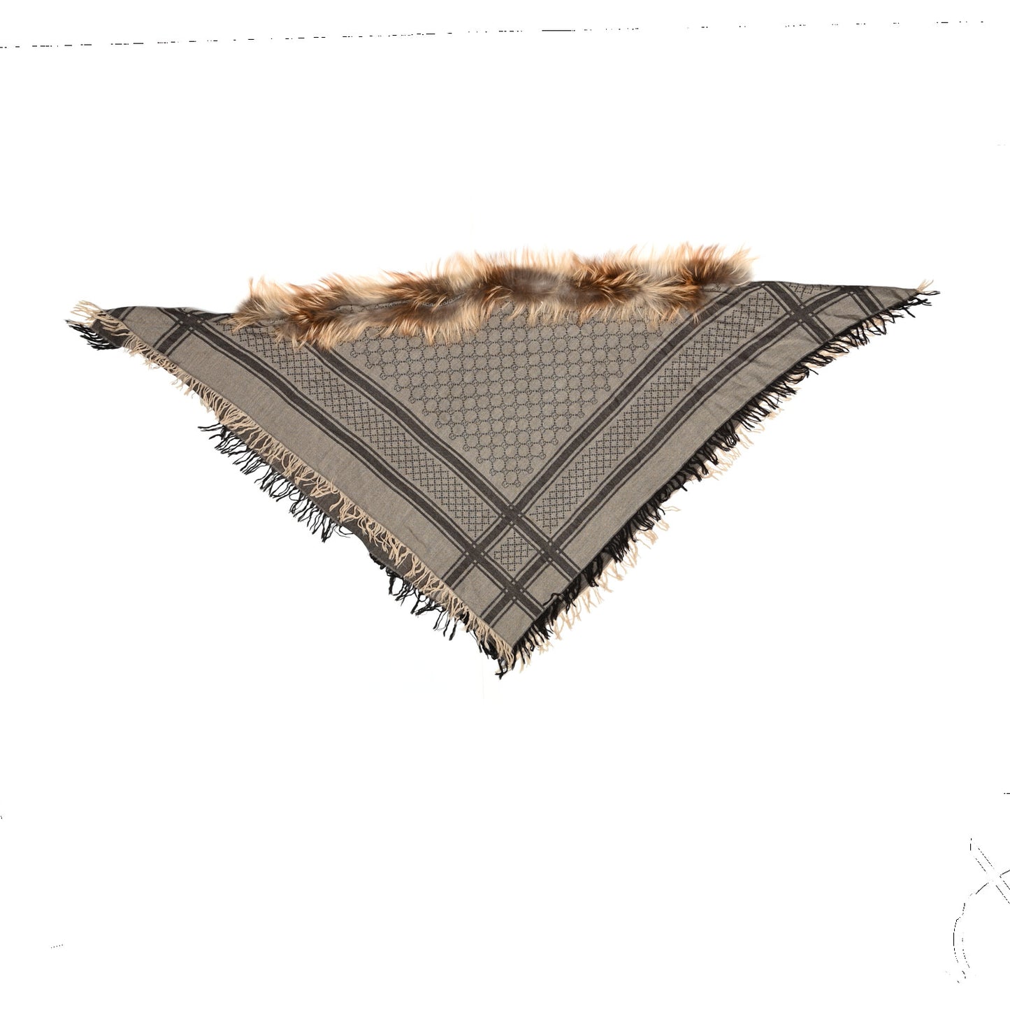 Wool Silk Fox Fur Monogram Shawl Scarf Brown