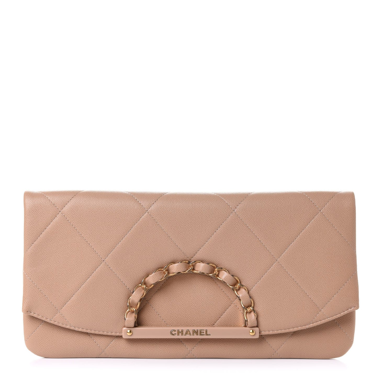 Caviar Quilted Woven Chain Handle Flap Clutch Beige