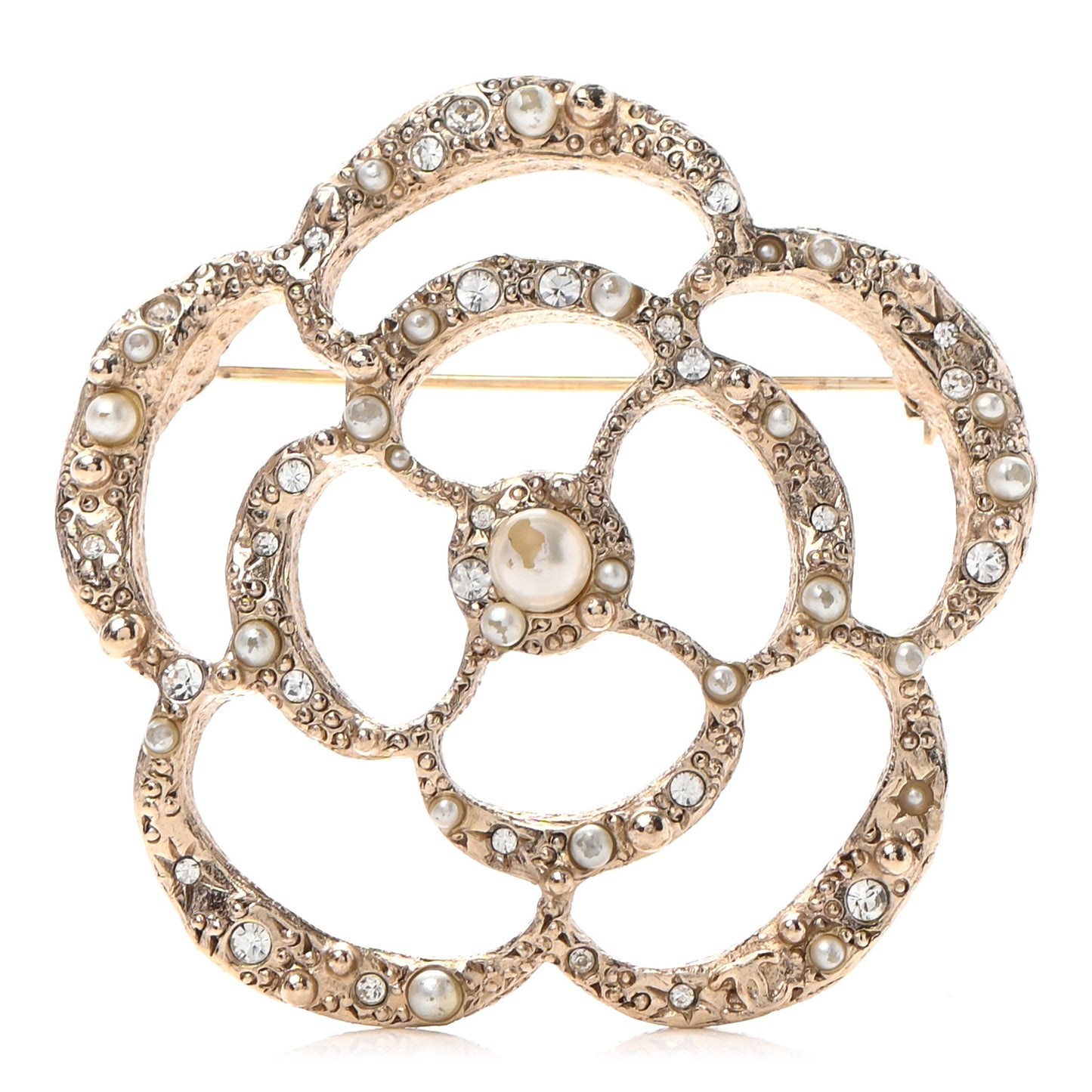 Pearl Crystal CC Camellia Brooch Light Gold