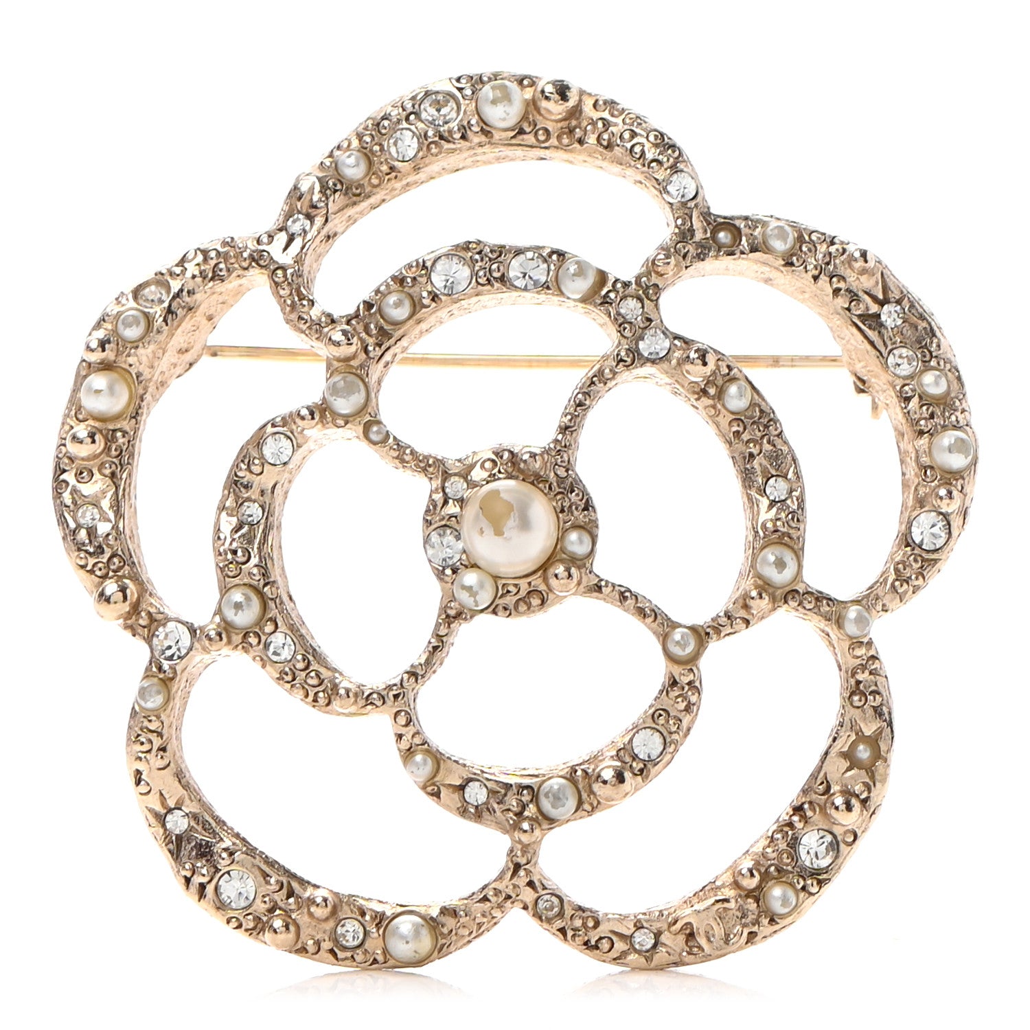Chanel Pearl Crystal CC Camellia Brooch Light Gold 1 of 7
