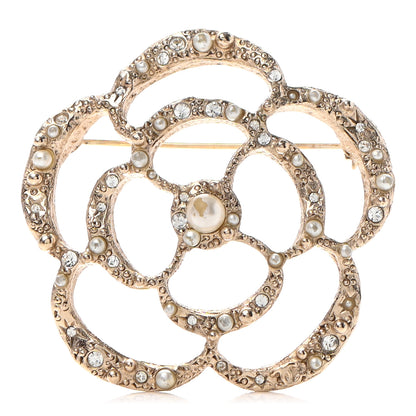 Chanel Pearl Crystal CC Camellia Brooch Light Gold 1 of 7