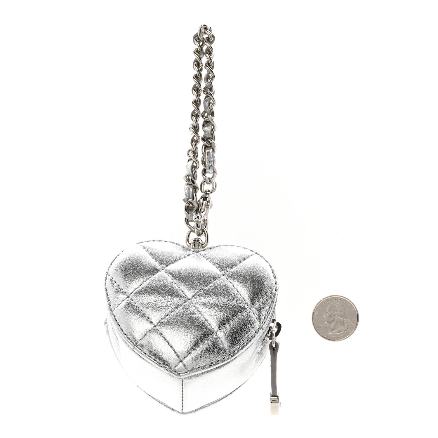Chanel Metallic Lambskin Quilted CC Mini In Love Heart Bag Charm Silver 2 of 6
