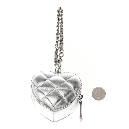 Chanel Metallic Lambskin Quilted CC Mini In Love Heart Bag Charm Silver 2 of 6