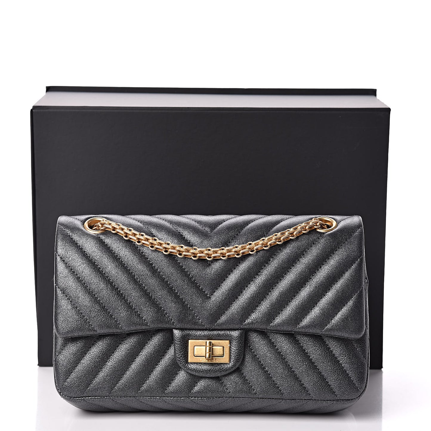 Metallic Sheepskin Chevron Quilted 2.55 Reissue 225 Flap Dark Silver