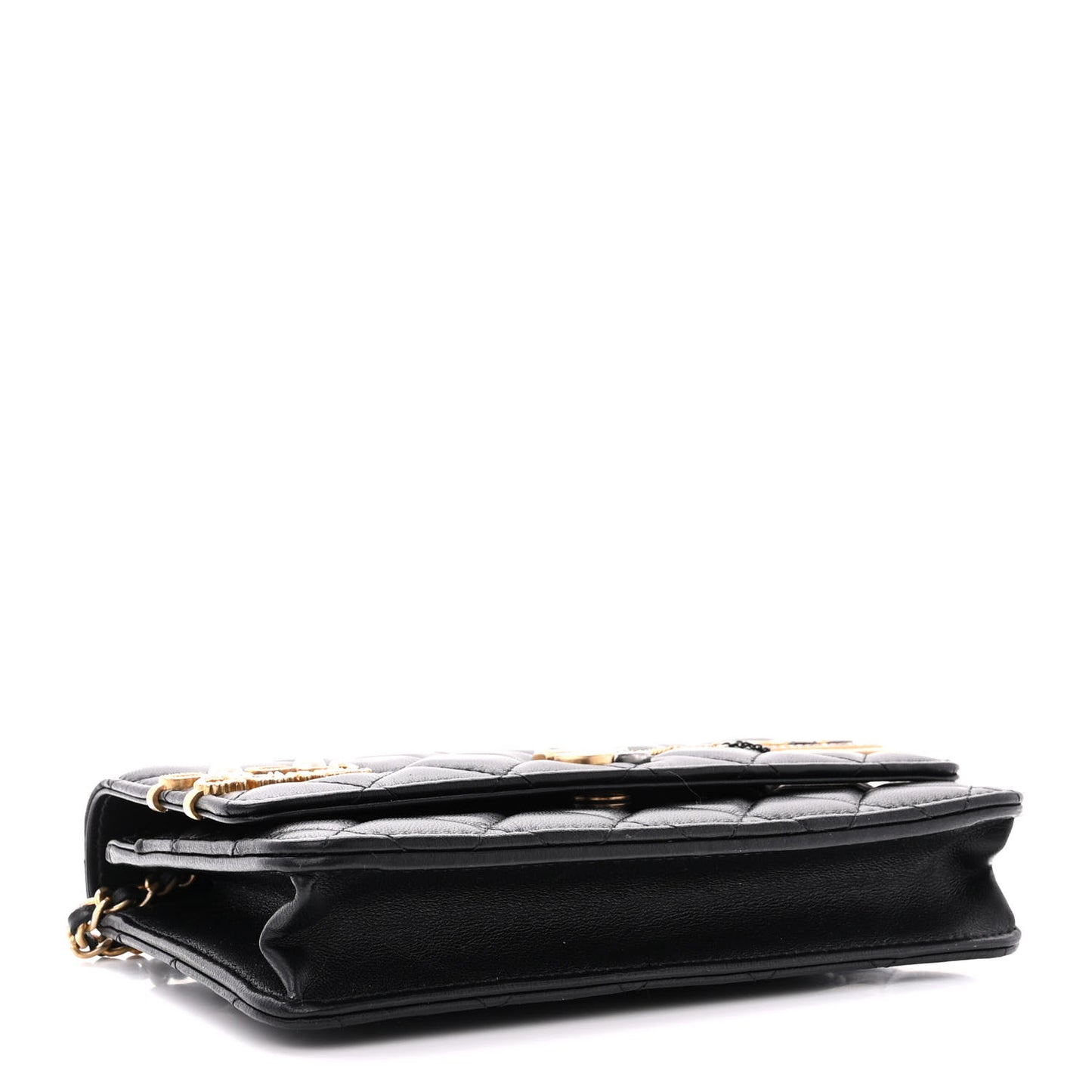 Lambskin Quilted Coco Clips Wallet On Chain WOC Black