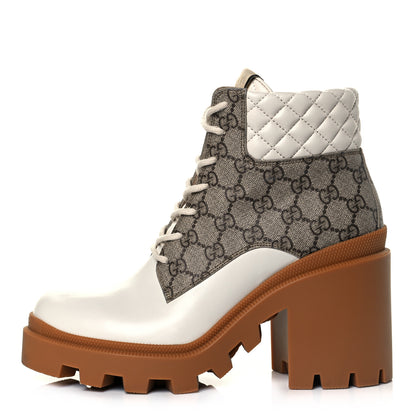Gucci Calfskin GG Supreme Monogram Nappa Quilted Lace Up Ankle Boots 40 Mystic White Beige 1 of 9