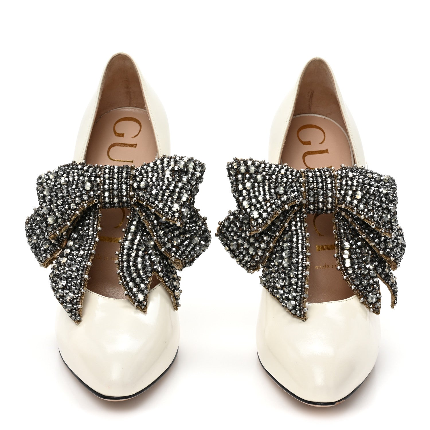 Gucci Regent Calfskin Crystal Removable Bow Elaisa Platform High Heel Pumps 37 White Magnolia 2 of 14