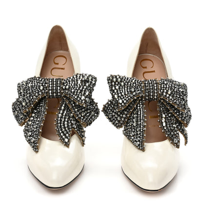Gucci Regent Calfskin Crystal Removable Bow Elaisa Platform High Heel Pumps 37 White Magnolia 2 of 14