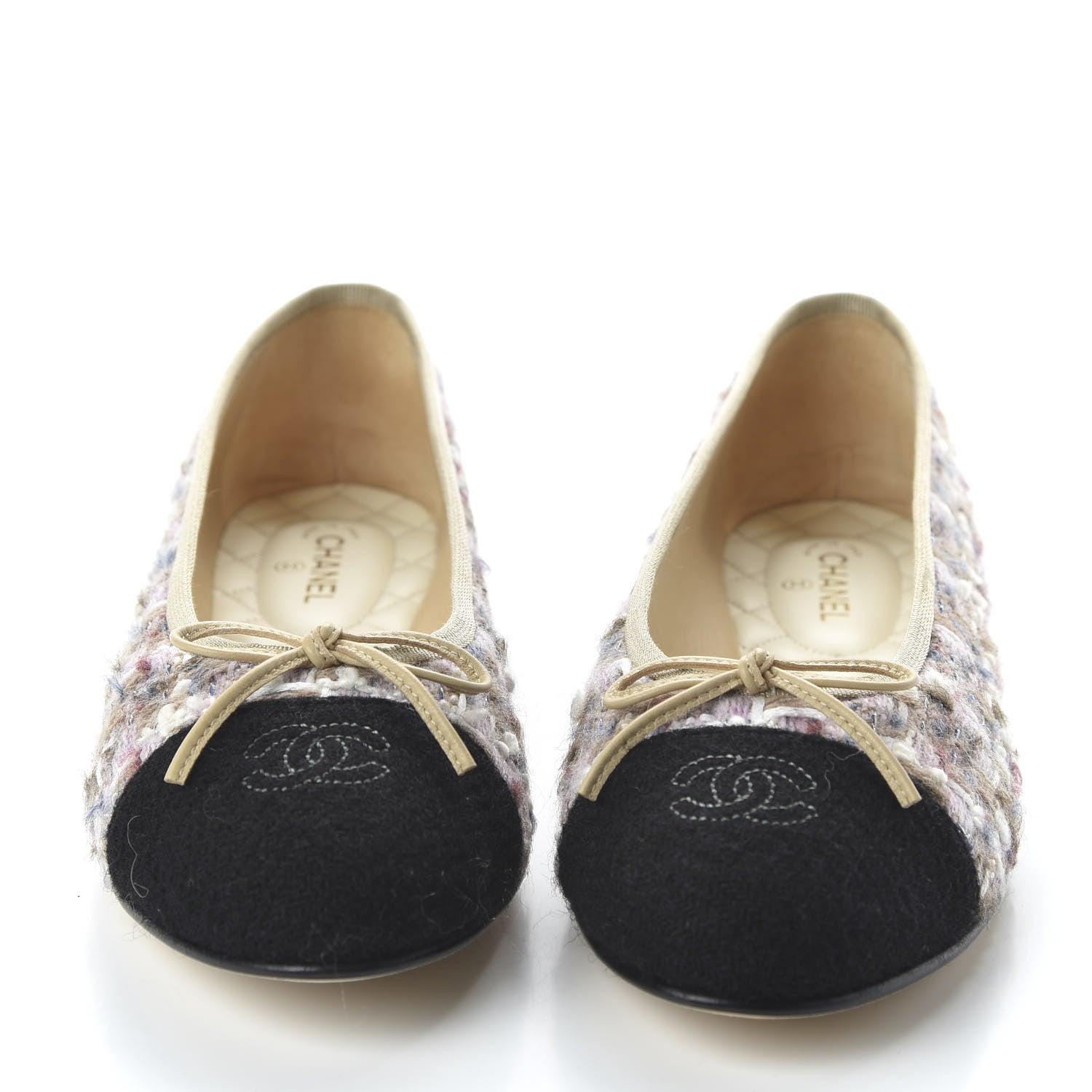 Chanel Tweed Cap Toe Ballerina Flats 41 Pink Beige Black 2 of 9