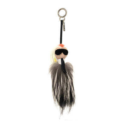 Fendi Fox Mink Goat Fur Mini Karlito Bag Charm White Black Flamingo 1 of 3