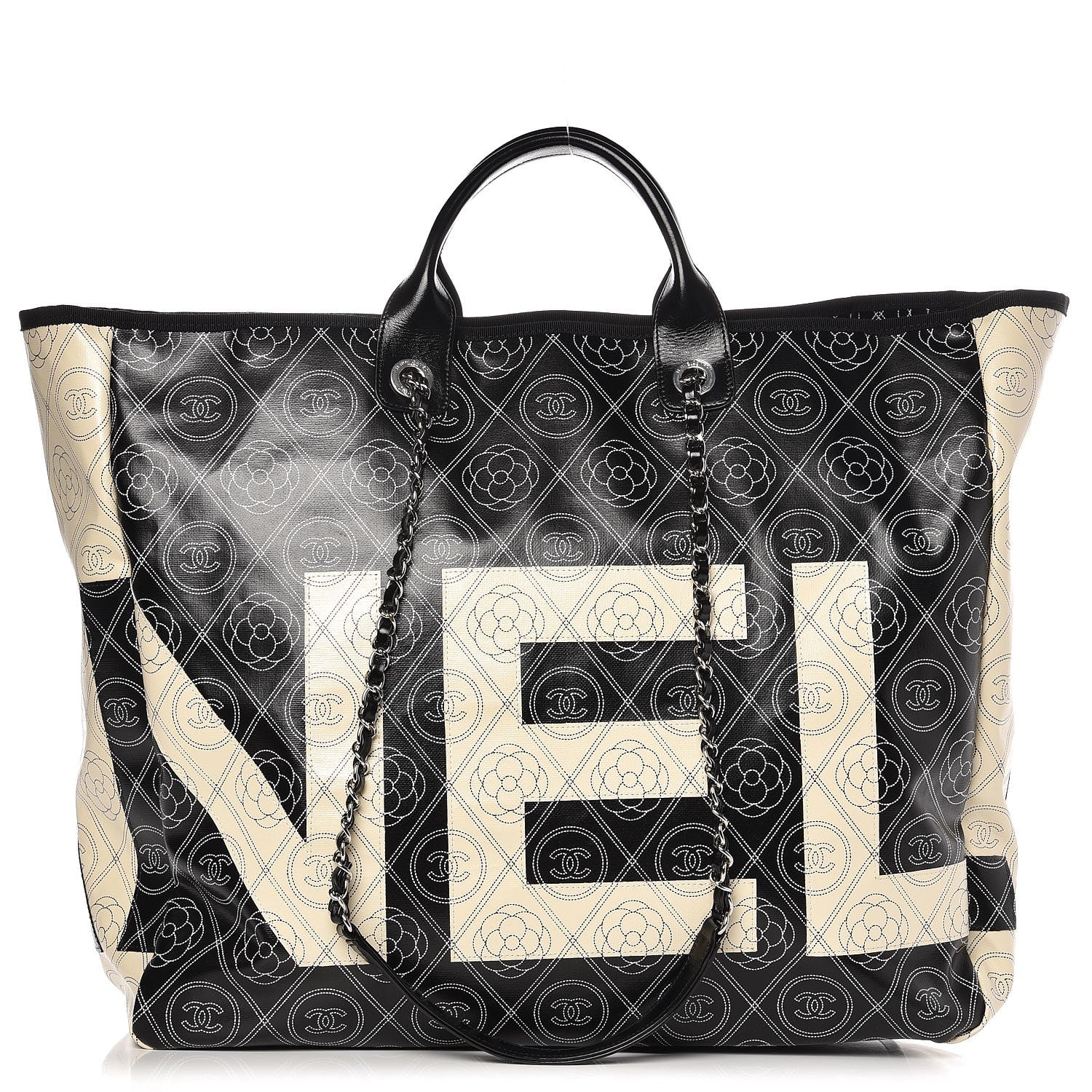 Chanel Coated Canvas Camellia Large Shopping Tote Black Beige 1 of 11