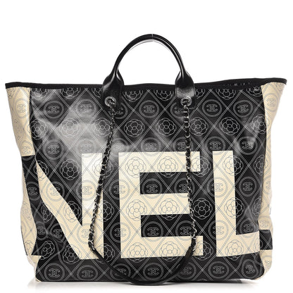 Chanel Coated Canvas Camellia Large Shopping Tote Black Beige 1 of 11