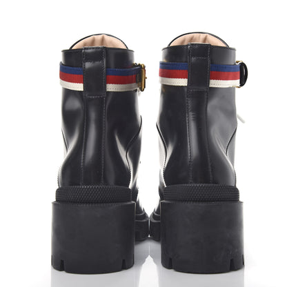 Gucci Calfskin Sylvie Web Lace Up Combat Boots 38 Black 7 of 11