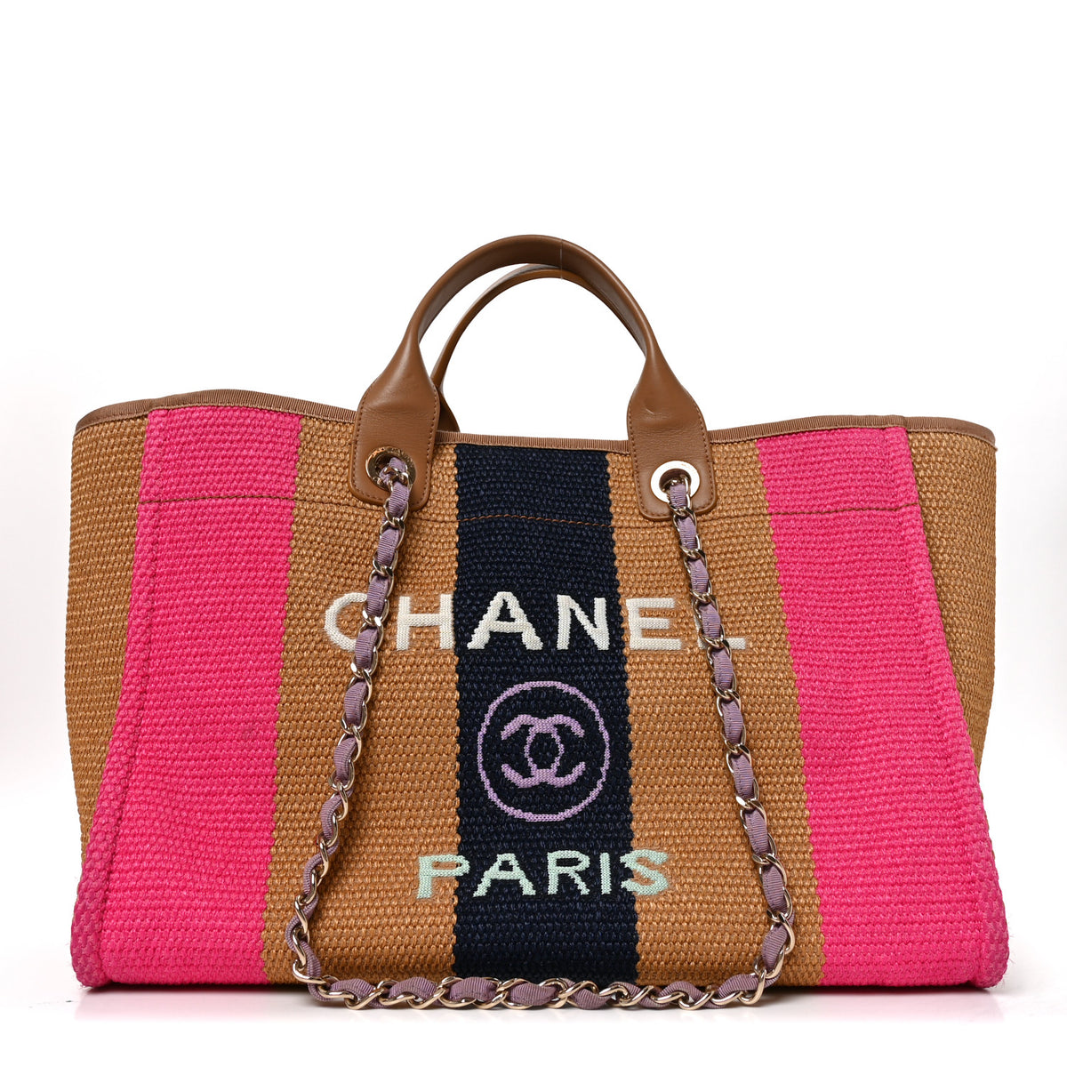 Straw Raffia Calfskin Striped Medium Deauville Tote Dark Beige Fuchsia Navy Blue