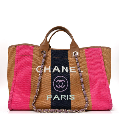 Chanel Straw Raffia Calfskin Striped Medium Deauville Tote Dark Beige Fuchsia Navy Blue 1 of 11