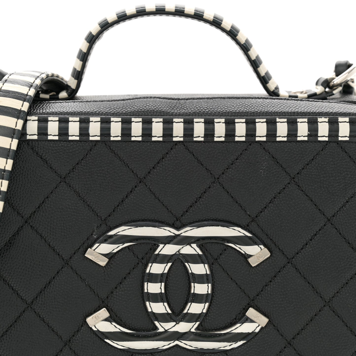 Caviar Quilted Striped Medium CC Filigree Vanity Case Black White