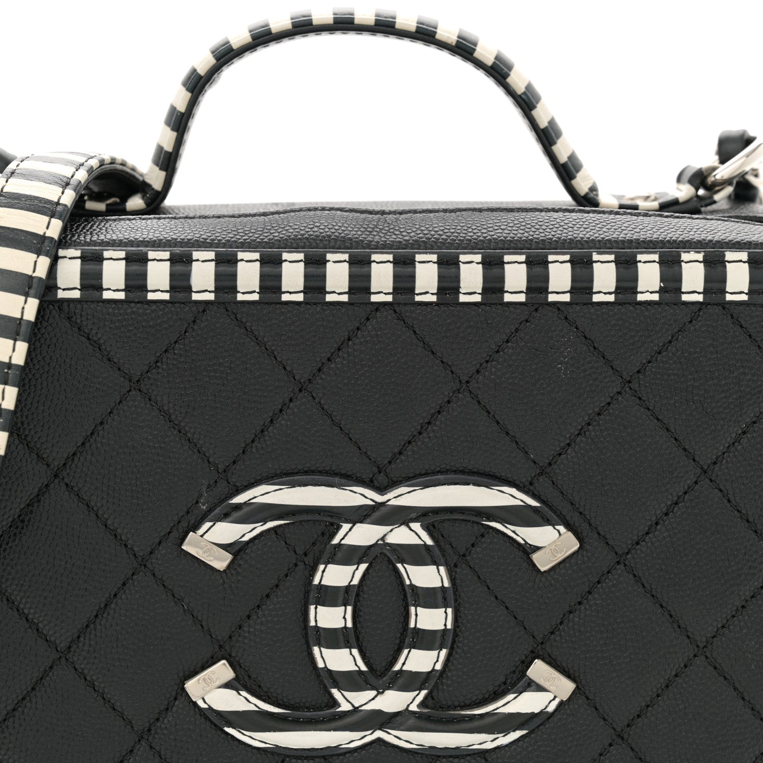 Chanel Caviar Quilted Striped Medium CC Filigree Vanity Case Black White 9 of 12