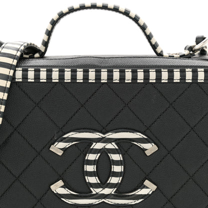 Chanel Caviar Quilted Striped Medium CC Filigree Vanity Case Black White 9 of 12