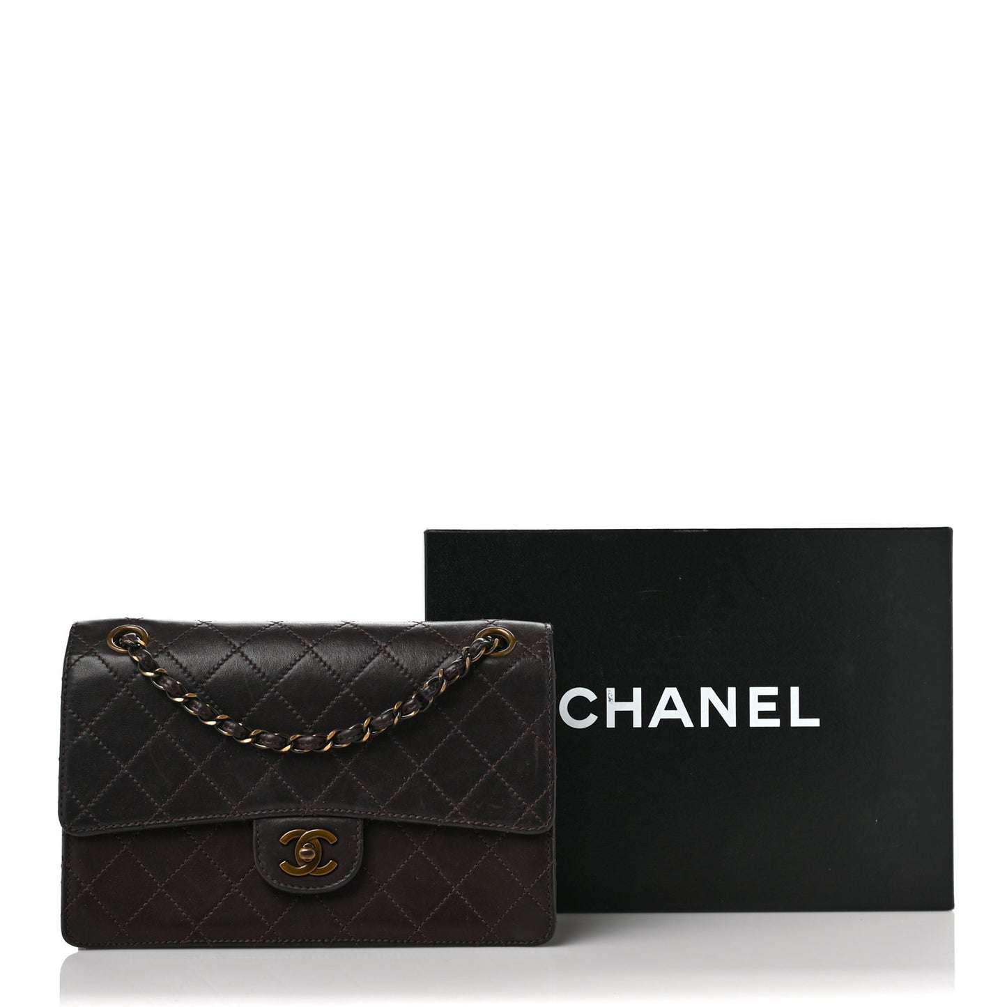 Calfskin Stitched Medium Single Flap Brown
