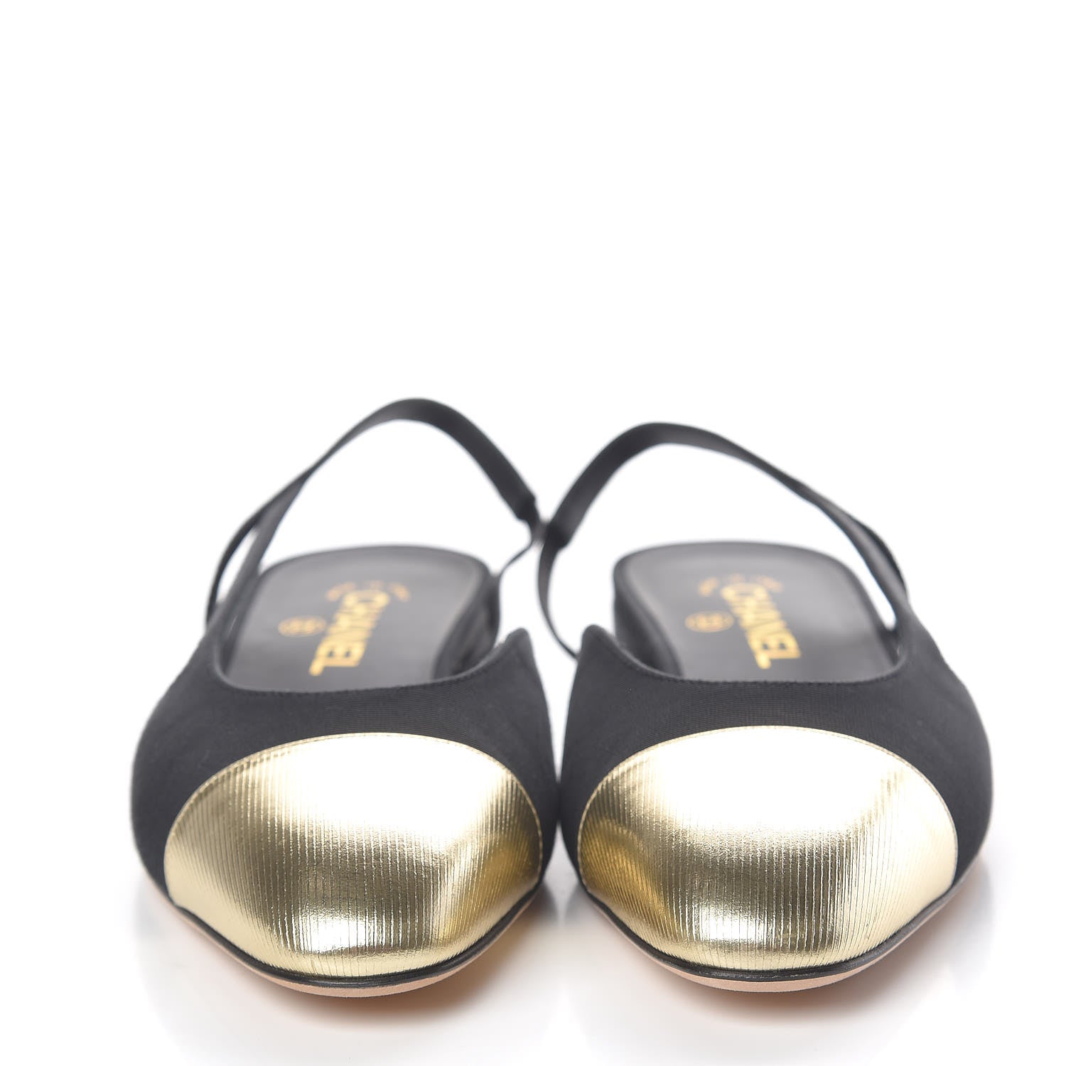 Chanel Grosgrain Cap Toe CC Slingback Pumps 40 Black Gold 2 of 8