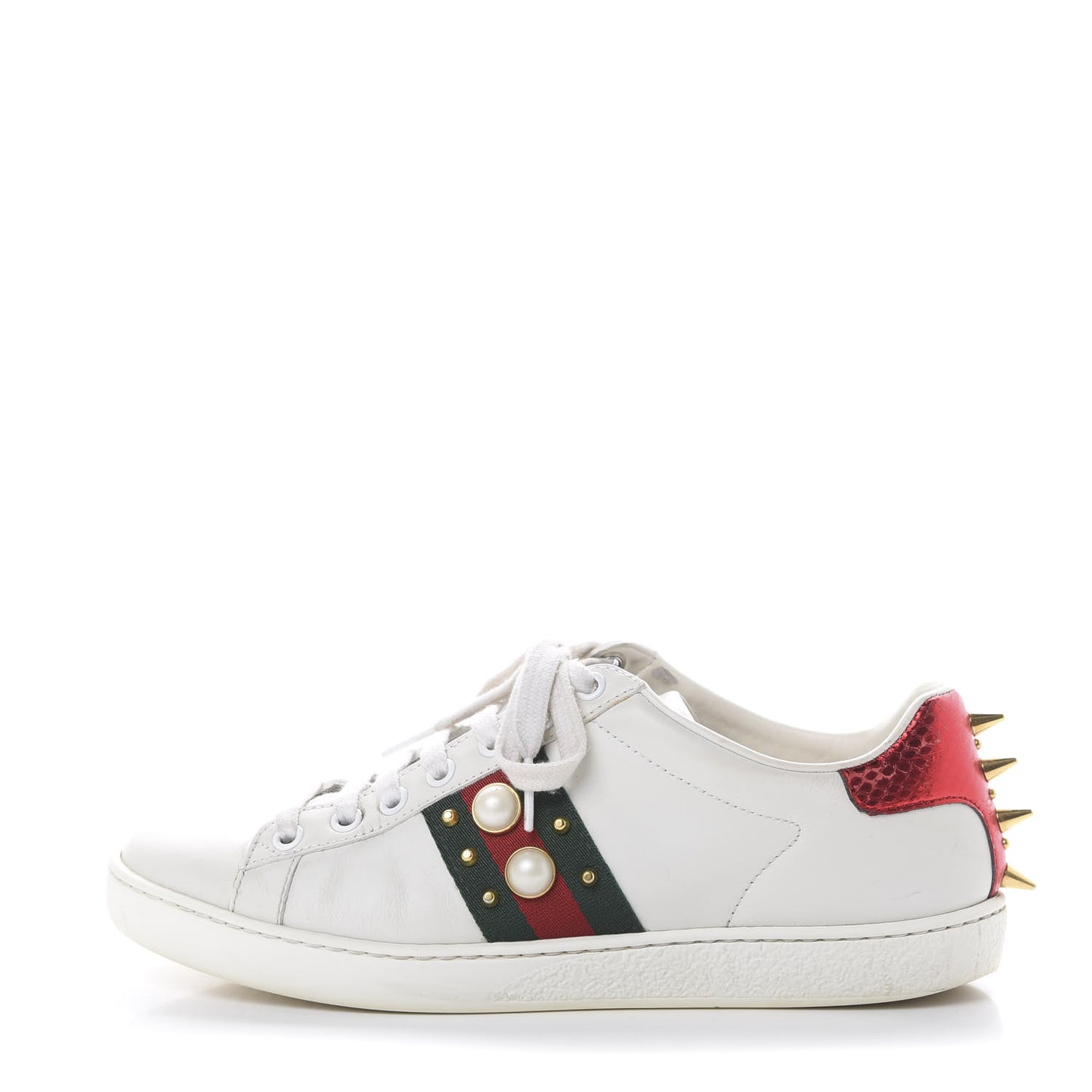 Calfskin Web Pearl Studded Womens Ace Sneakers 36.5 White