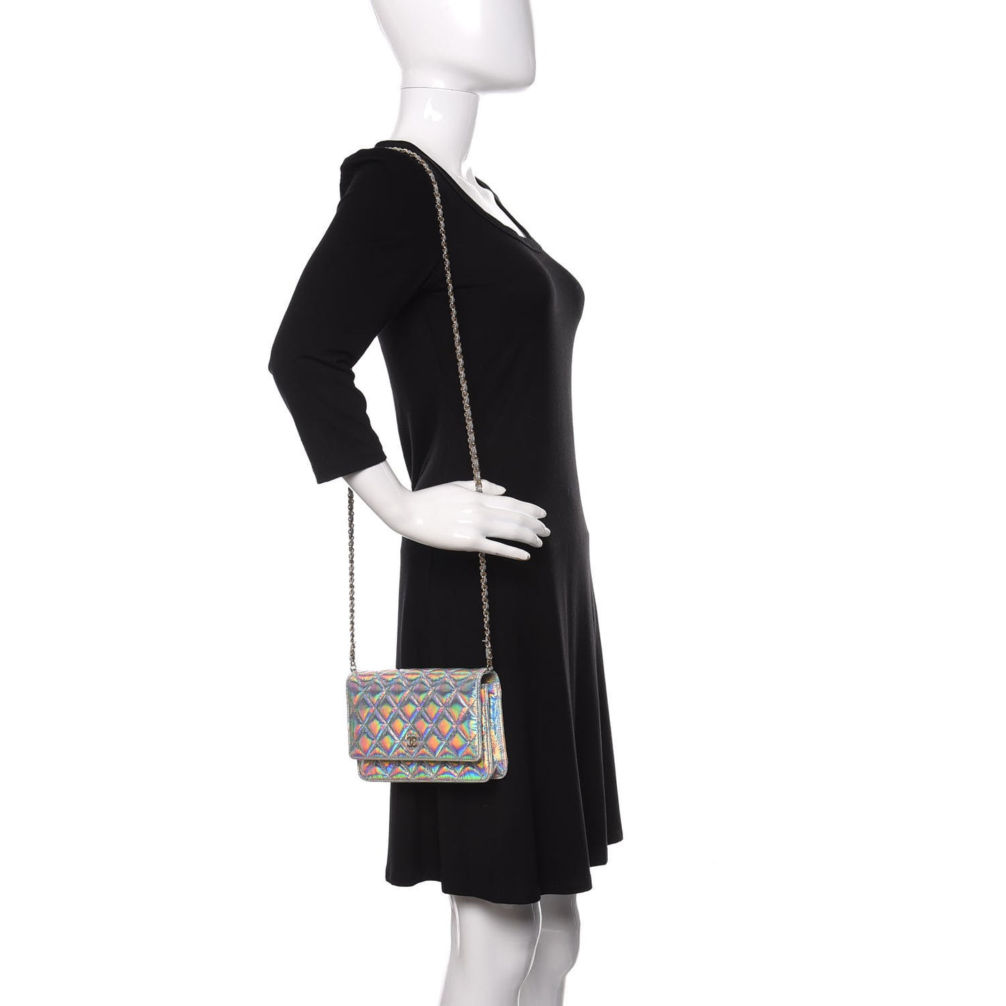 Iridescent Goatskin Quilted Wallet On Chain WOC Silver