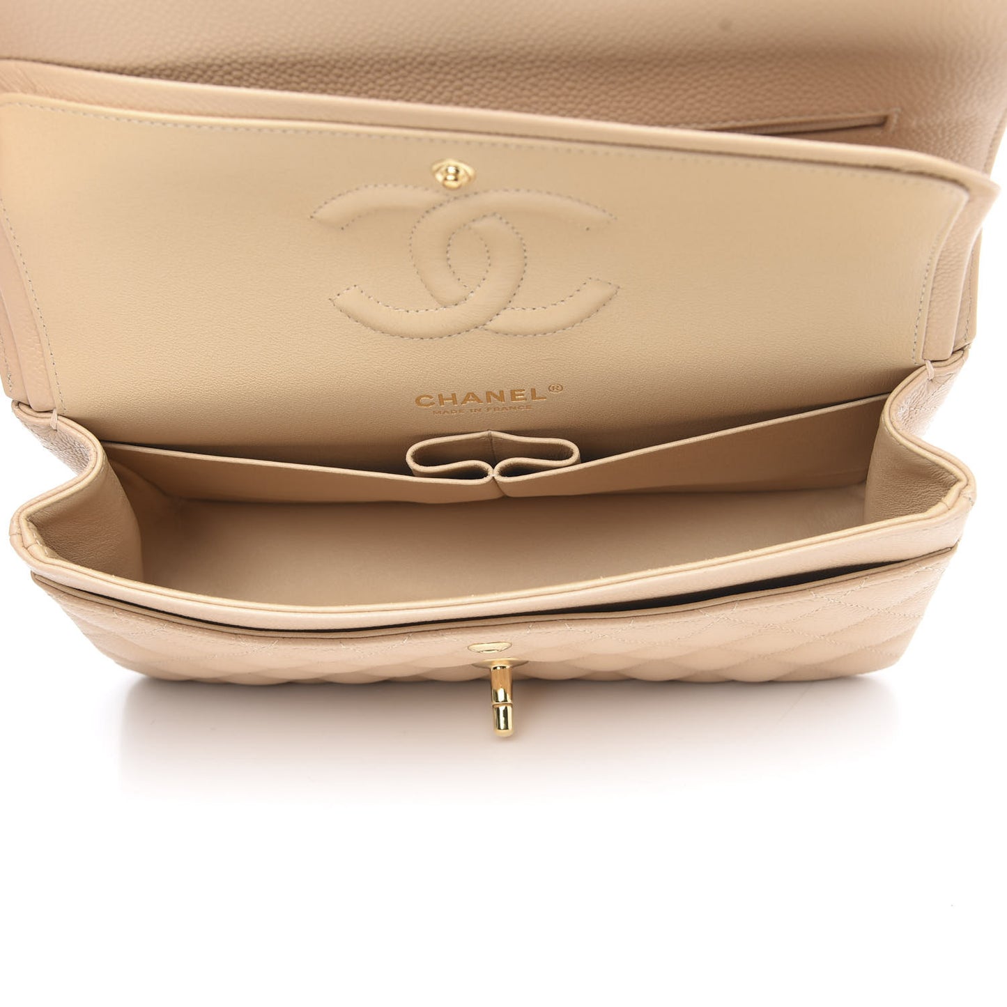 Caviar Quilted Medium Double Flap Beige