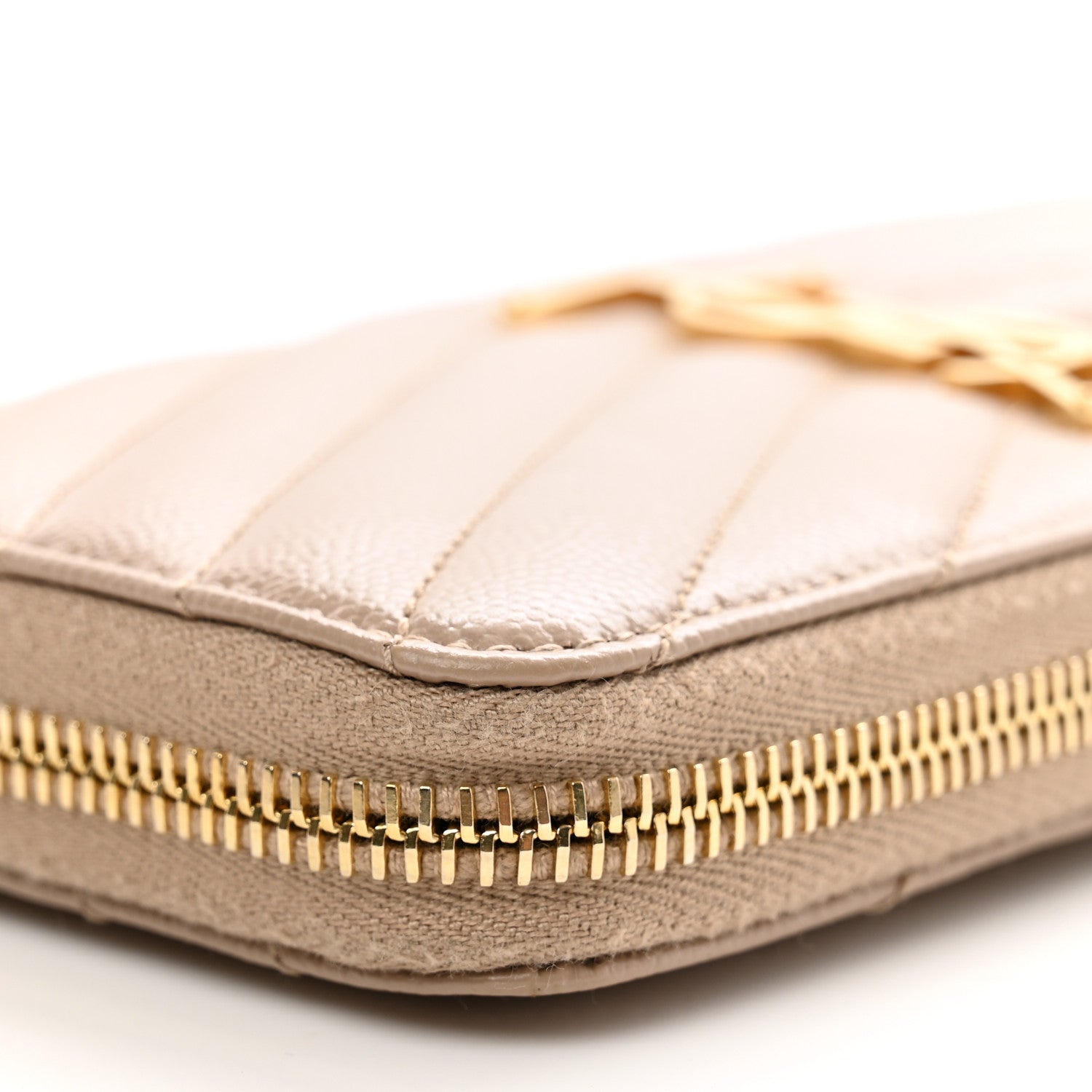 Saint Laurent Grain De Poudre Matelasse Chevron Monogram Zip Around Wallet Dark Beige 7 of 8