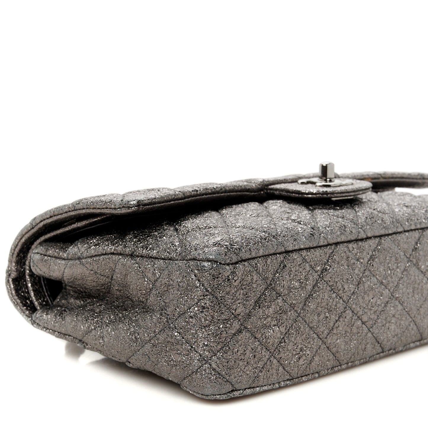 Metallic Crackled Calfskin Medium Double Flap Dark Silver