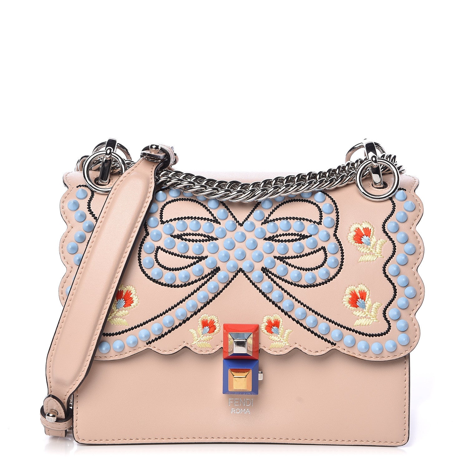 Fendi Vitello Liberty Scalloped Studded Flowers and Bows Small Kan I Shoulder Bag Plaster Multicolor 1 of 12