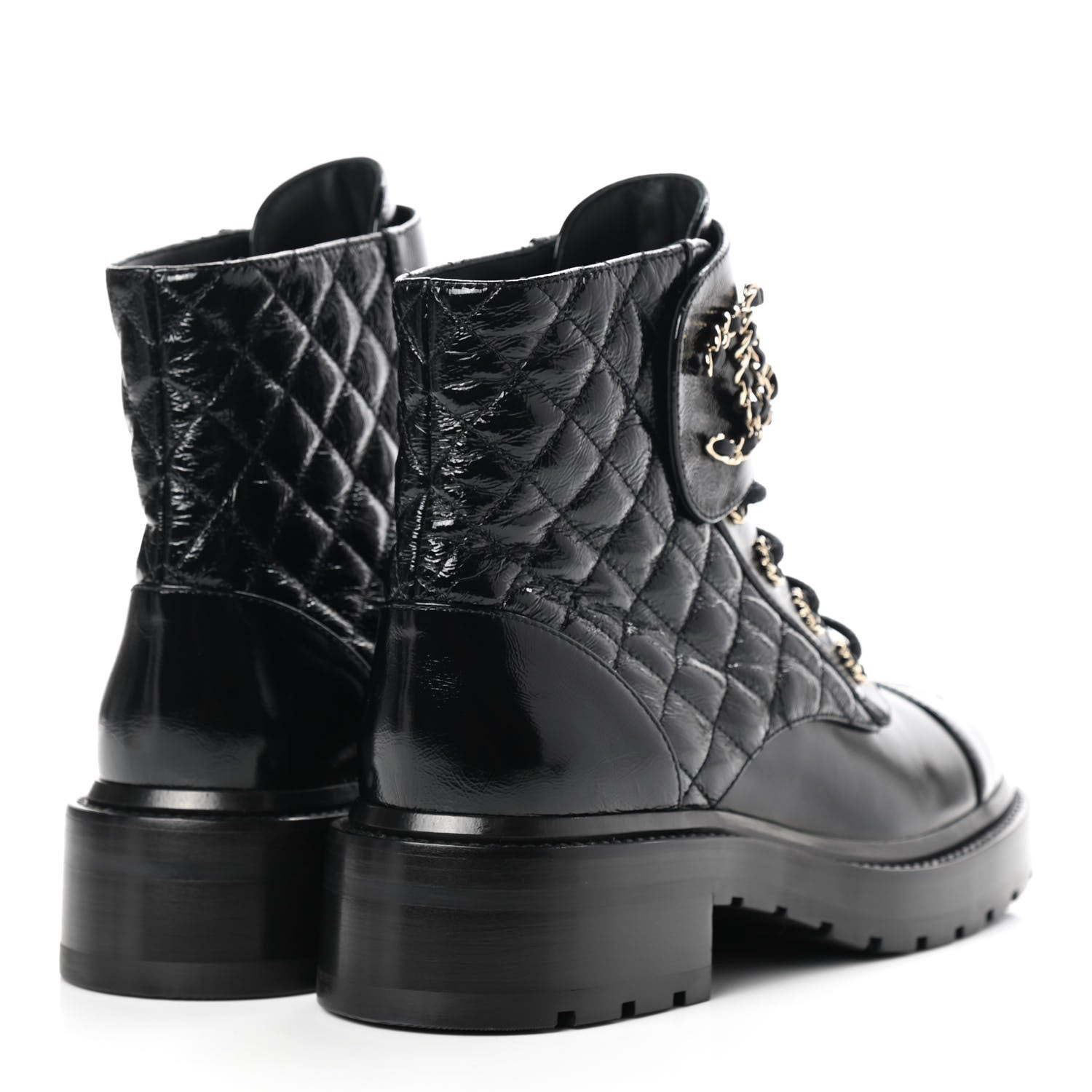 Chanel Shiny Calfskin Quilted Lace Up Combat Boots 37 Black 4 of 7