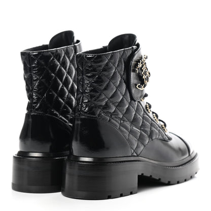 Chanel Shiny Calfskin Quilted Lace Up Combat Boots 37 Black 4 of 7