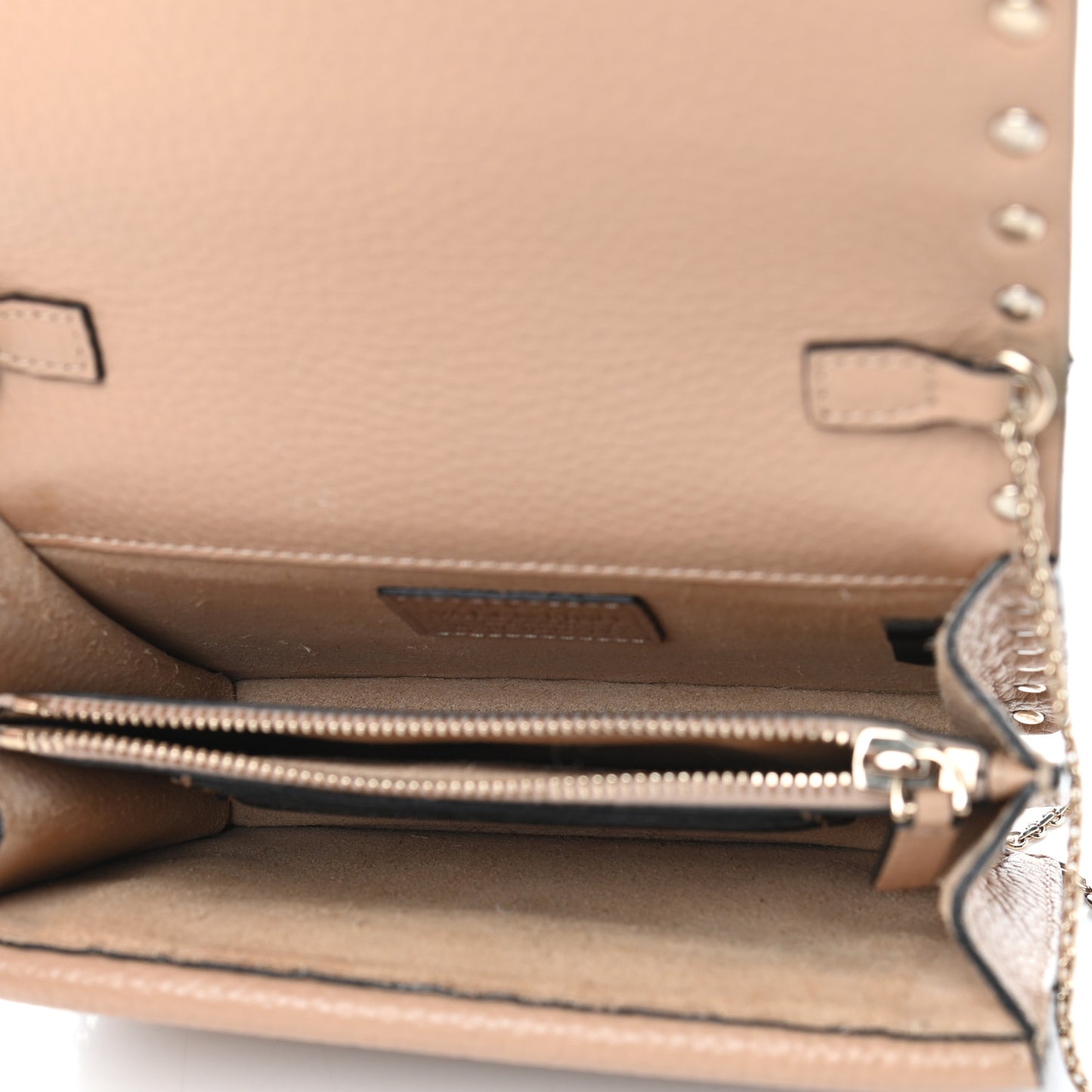 Pebbled Calfskin Rockstud Wallet on Chain Camel Rose