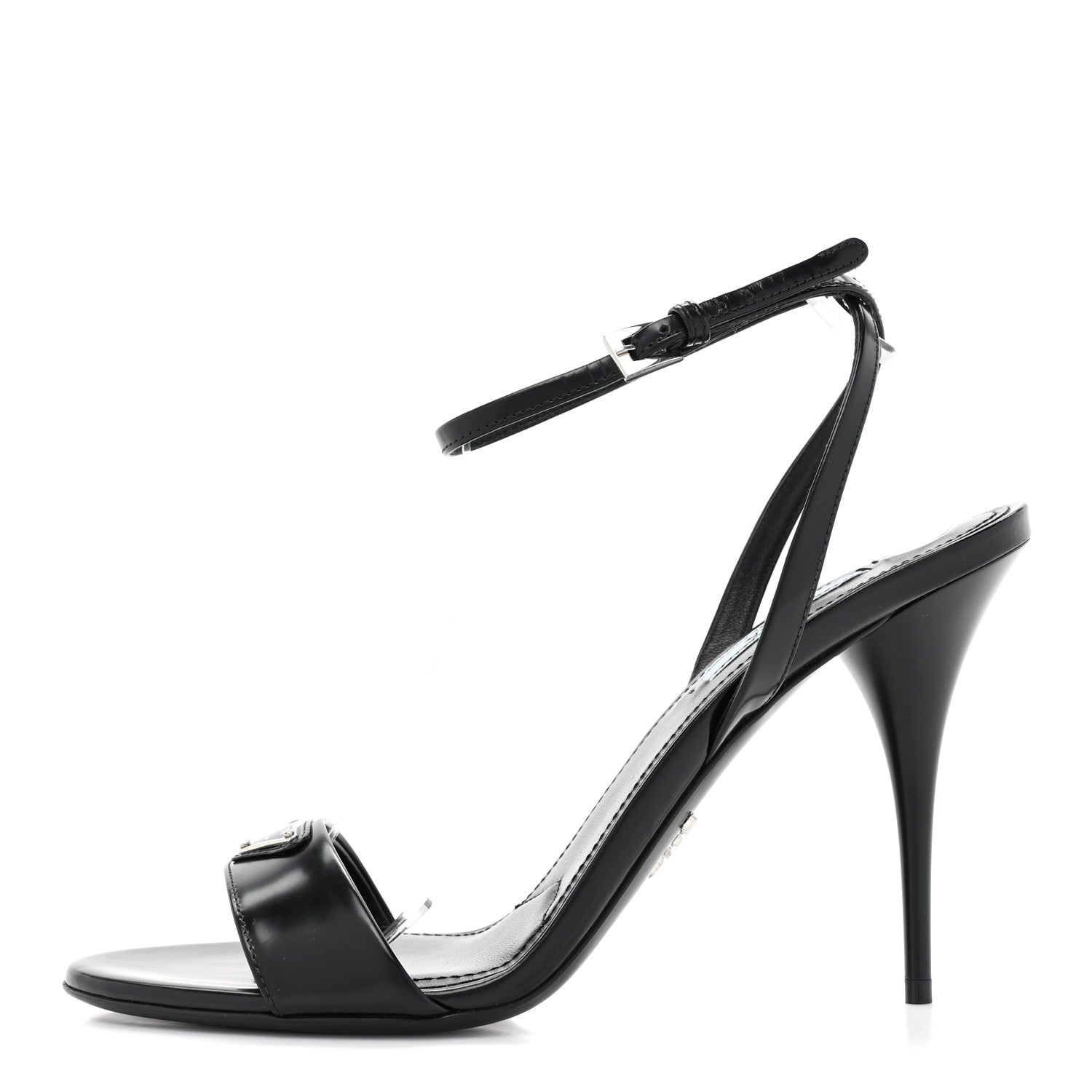 Prada Spazzolato Metal Triangle Logo Ankle Strap 100mm Sandals 39 Black 1 of 7