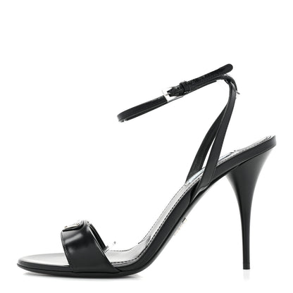 Prada Spazzolato Metal Triangle Logo Ankle Strap 100mm Sandals 39 Black 1 of 7