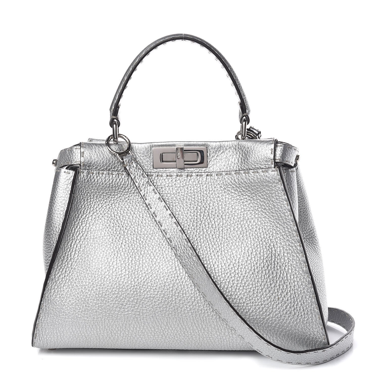 Fendi Cuoio Romano Lux Selleria Medium Peekaboo Iconic Satchel Argento 1 of 12