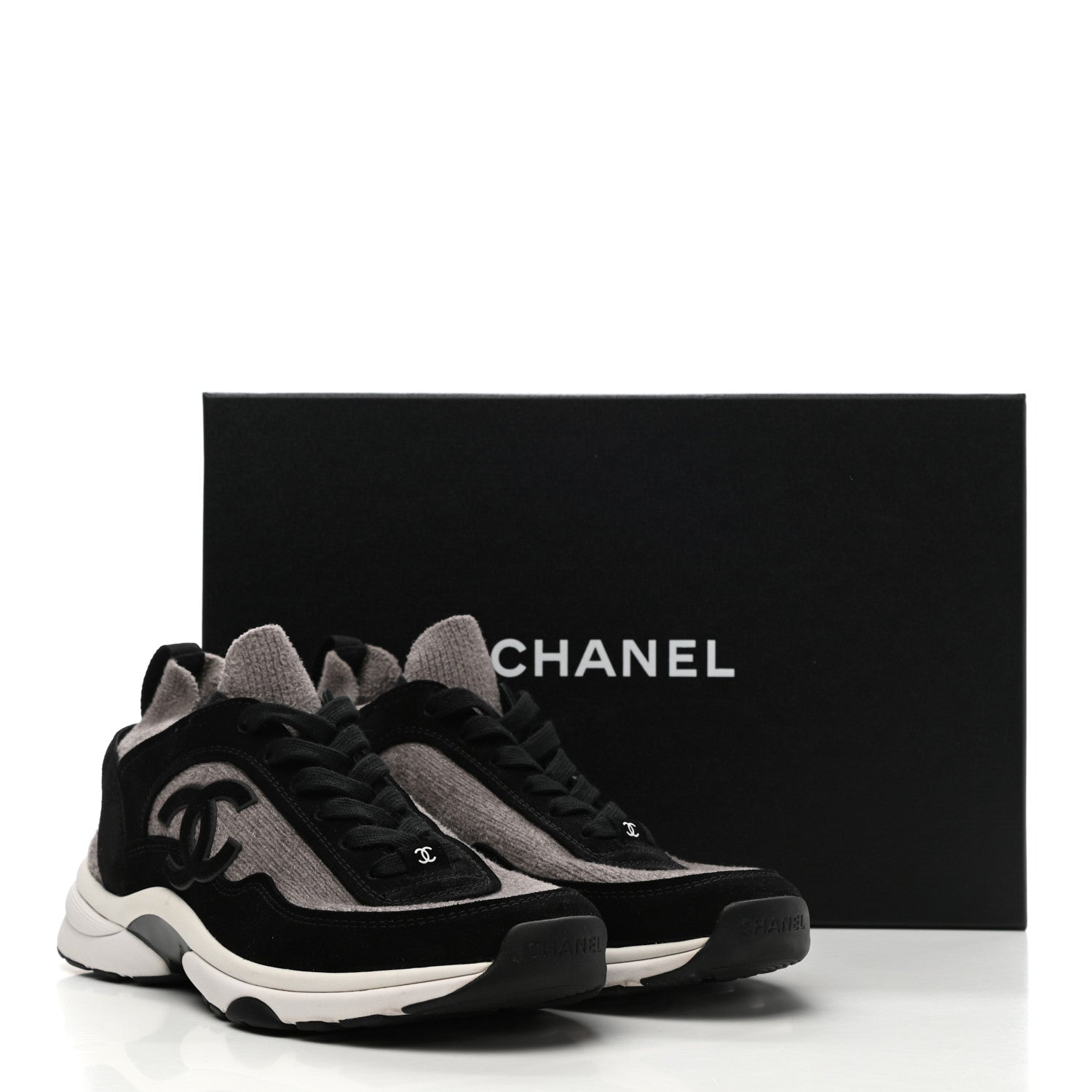 Chanel Fabric Suede Calfskin CC Sneakers 39.5 Grey Black 9 of 9