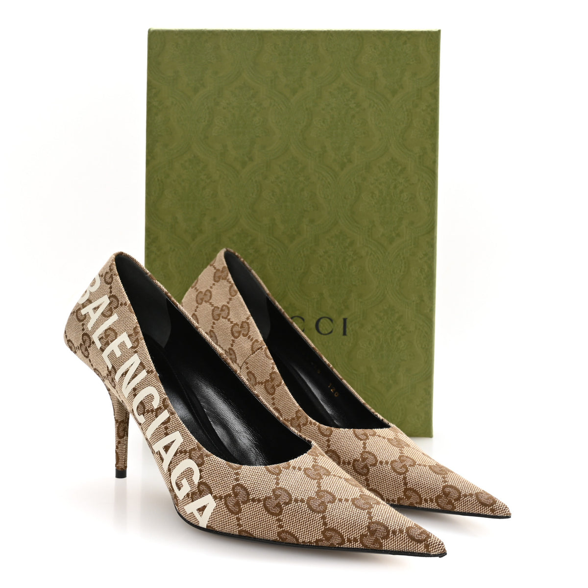 Balenciaga X GUCCI GG Monogram Square Knife 80mm Pumps 38 Beige Ebony 9 of 9