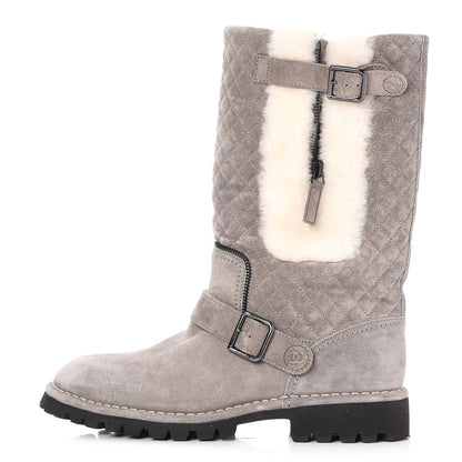 Chanel Shearling Suede Calfskin Quilted High Boots 39.5 Grey 1 of 8