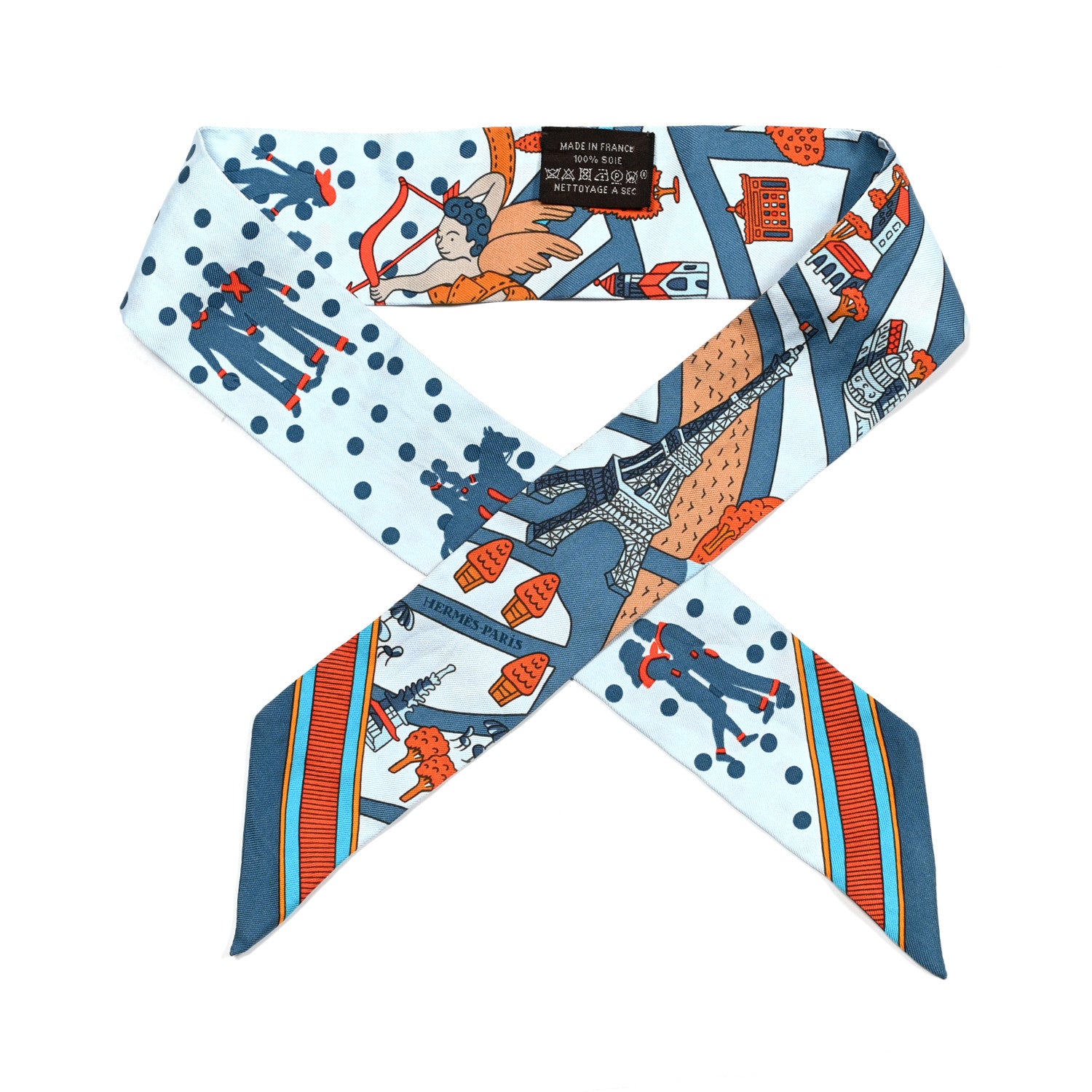 Hermes Silk Les Nouveaux Amoureux de Paris Twilly Ciel Blue Jean Orange 1 of 4