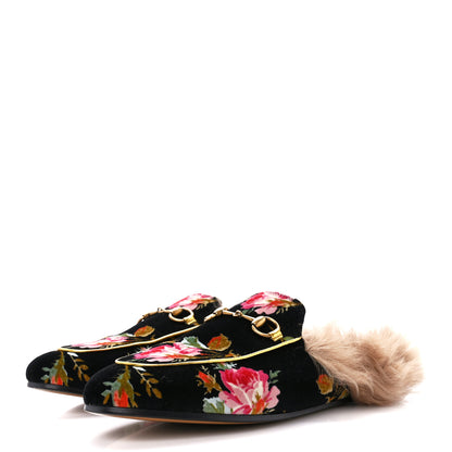 Gucci Velvet Fur Floral Womens Princetown Slippers 37.5 Black 3 of 9