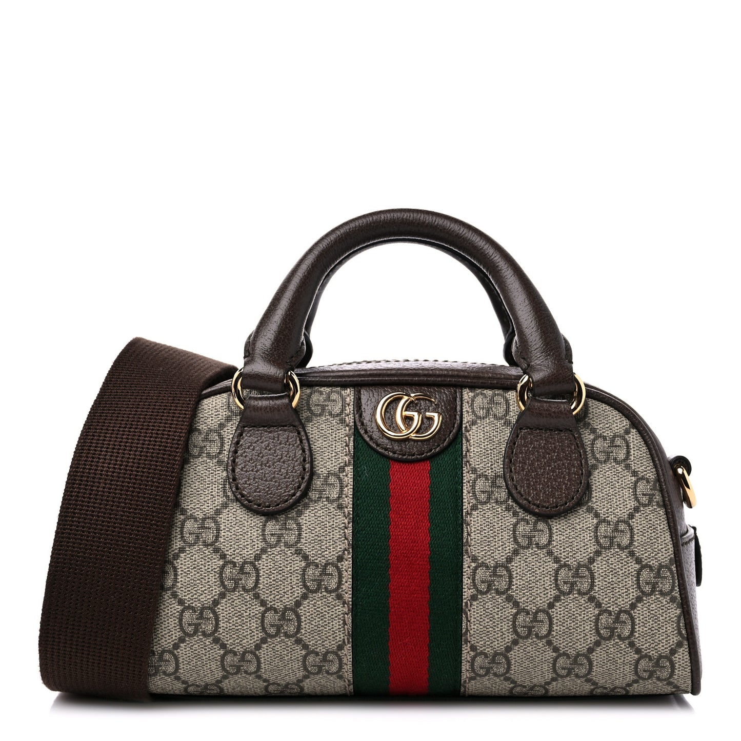 GG Supreme Monogram Textured Dollar Calfskin Web Mini Ophidia Top Handle Bowler Bag Beige Ebony New Acero