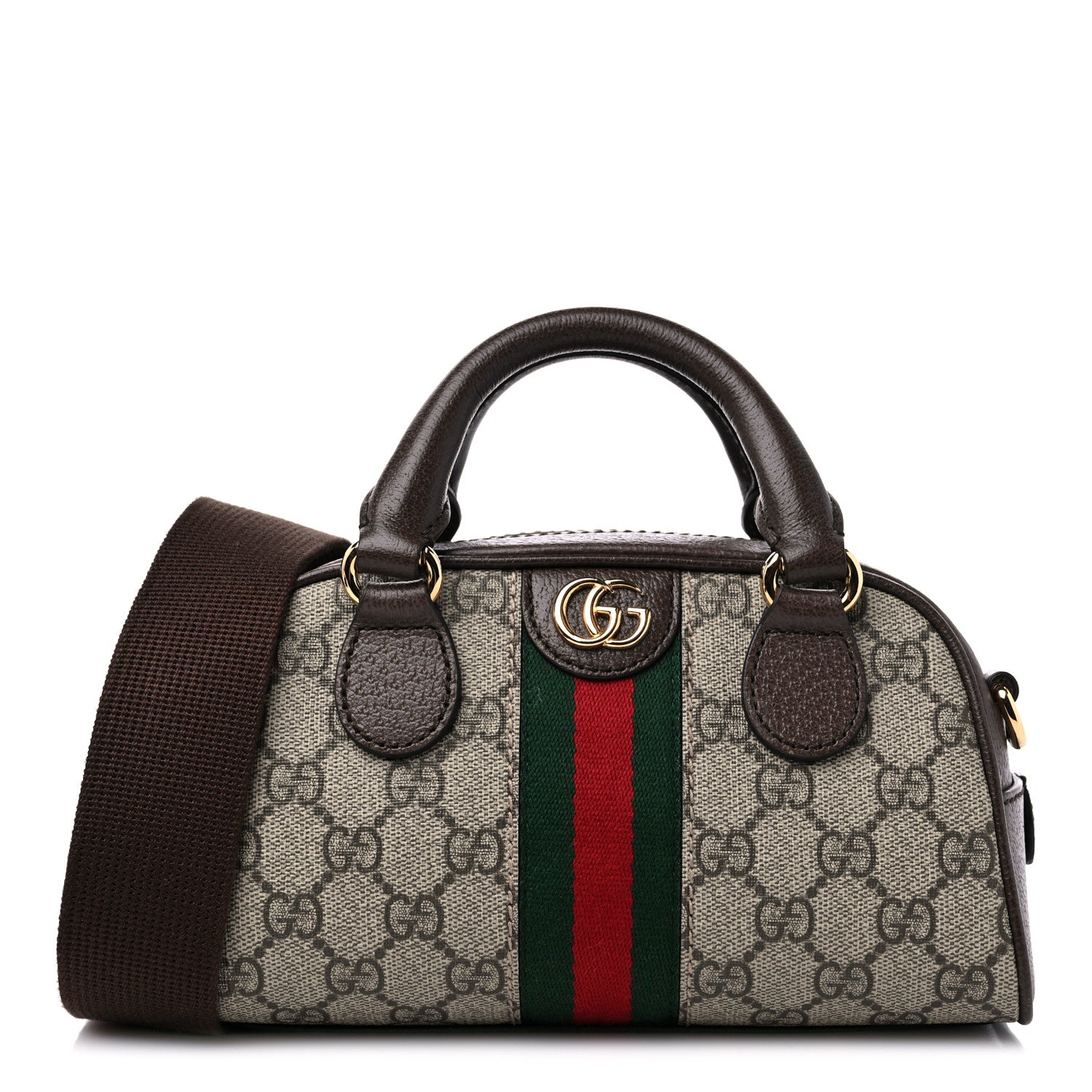 Gucci GG Supreme Monogram Textured Dollar Calfskin Web Mini Ophidia Top Handle Bowler Bag Beige Ebony New Acero 1 of 9